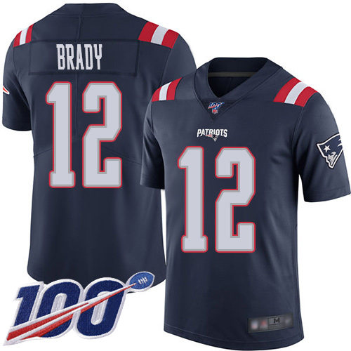 New England Patriots Football #12 100th Season Rush Vapor Limited Navy Blue Men Tom Brady NFL Jersey